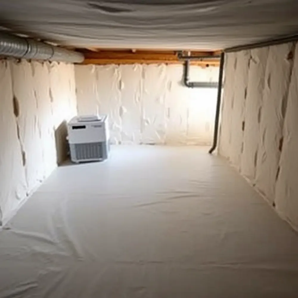 White crawl space encapsulation liner sealed across the floor and walls