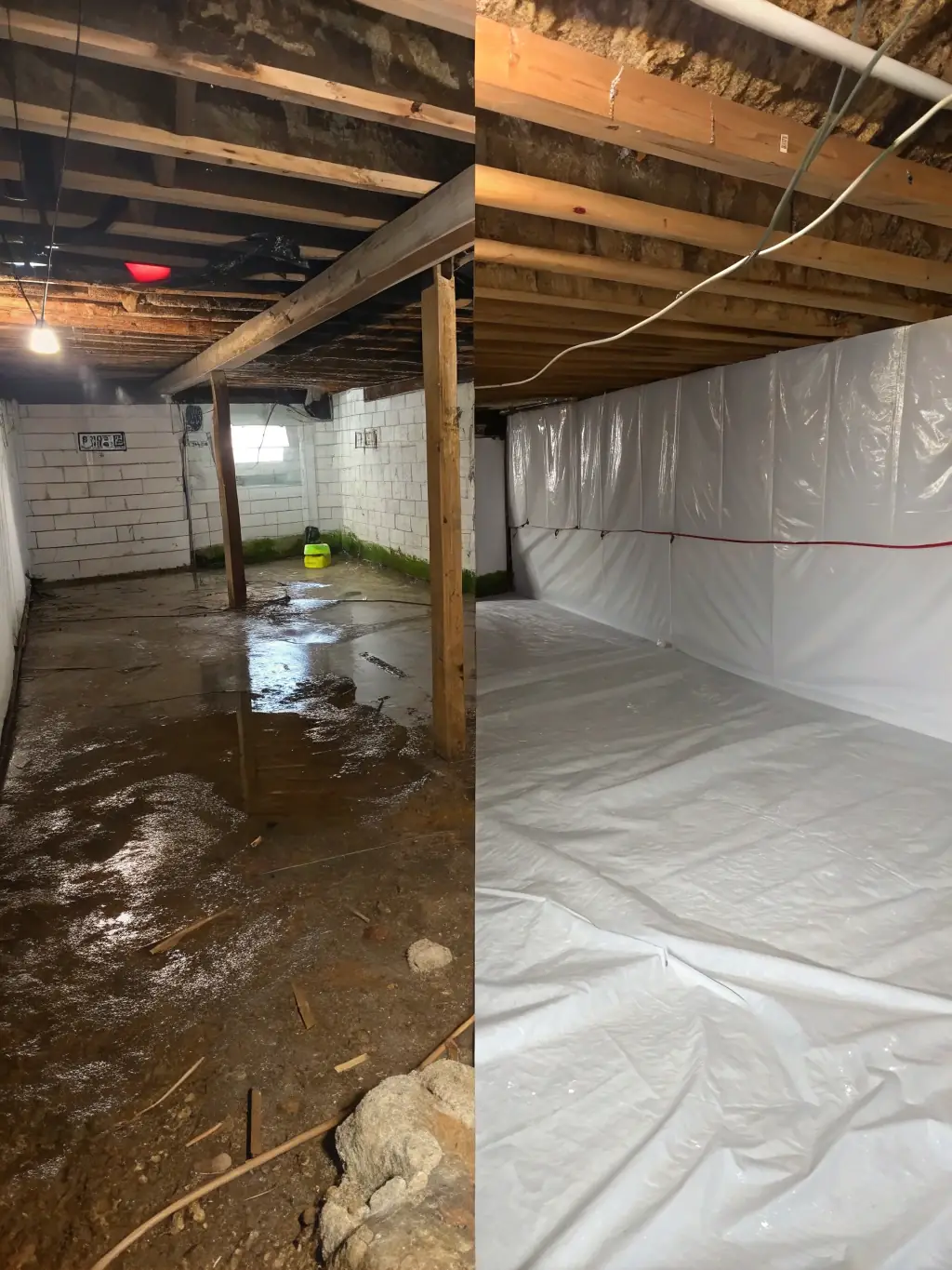 A before-and-after shot of a crawl space, showing the transformation from a damp, dirty space to a clean, encapsulated one.
