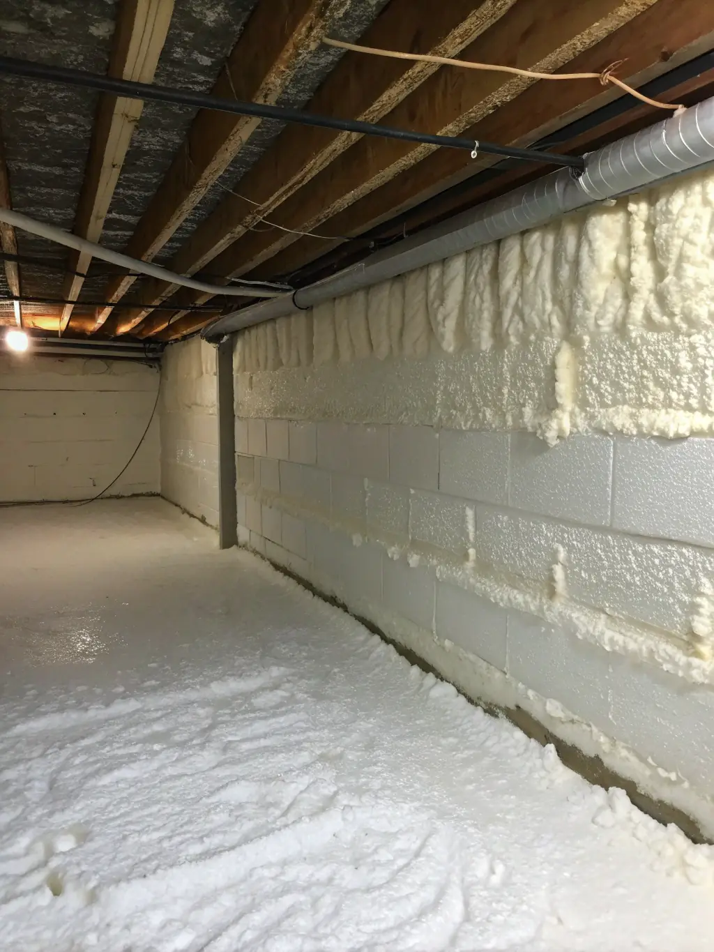 A clean, sealed crawl space with insulation and vapor barrier installed, showcasing a professional and tidy environment.