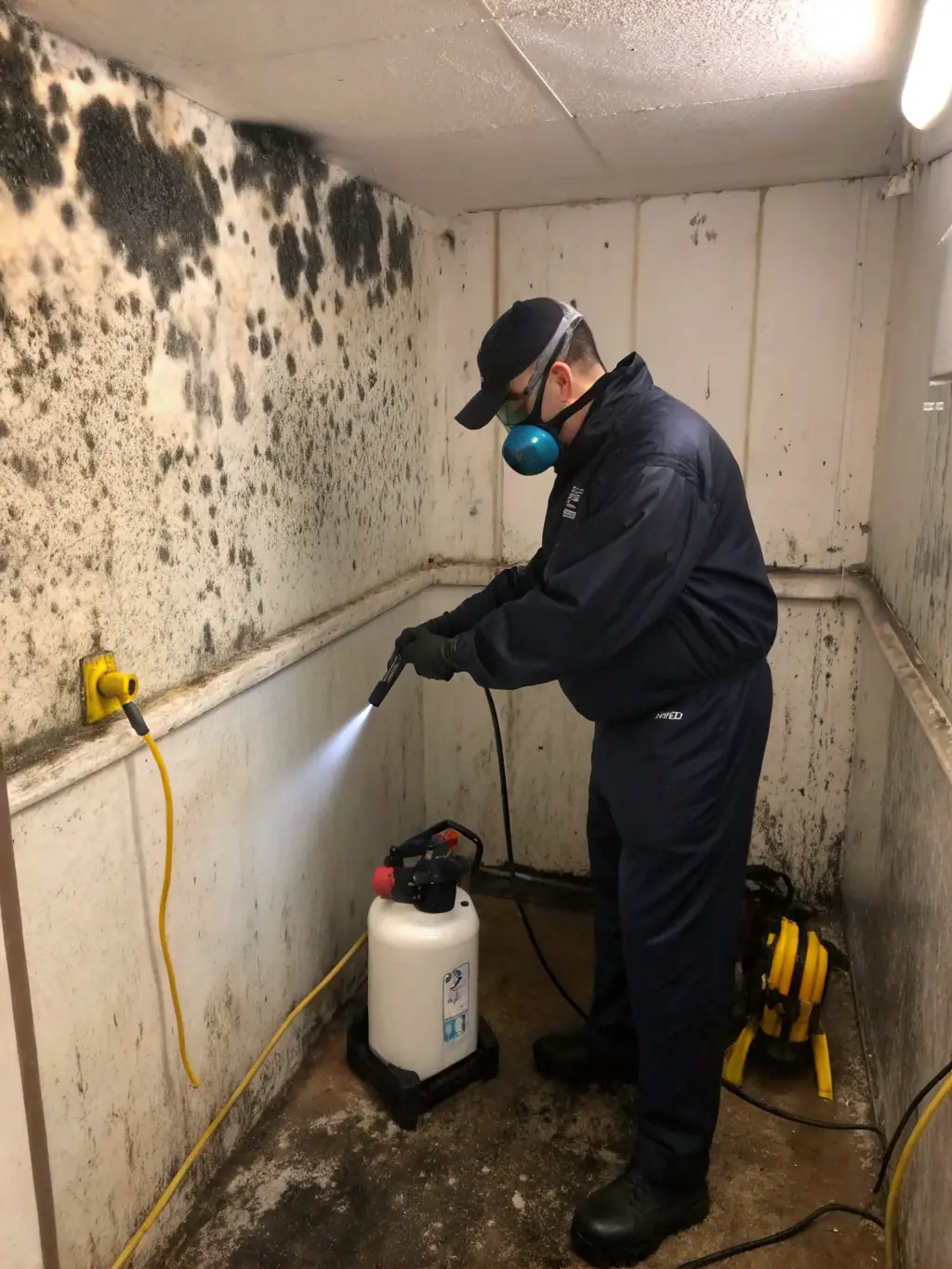 Technicians in protective gear removing mold from a wall, with visible clean surface afterward.